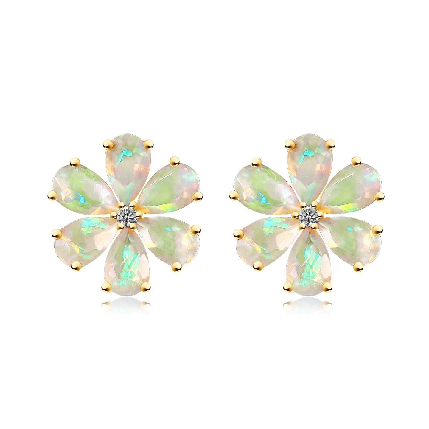 Flora Diamond Natural Opal 14K Solid Gold Angel's Gemstone Earrings | Lucky Stone Ear Stud | Flowering Gemstone Gift