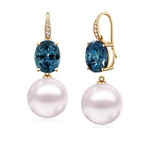Radiant 14K Solid Gold Natural London Blue Oval Topaz Diamond Round Pearl Convertible Drop Earrings | End of Year Gift For Wife
