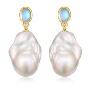 14K Solid Gold Ayla Oval Natural Moonstone Diamond Baroque Pearl Convertible Earrings | Rainbow Moonstone Jewelry | Cultured Pearls Gift