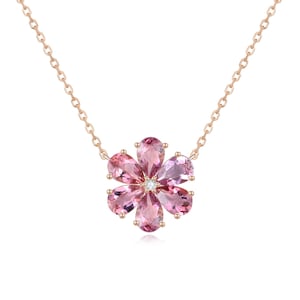 Natural Pink Tourmaline and Diamond Flora Blossom Necklace | 14K Solid Rose Gold | Birthstone Gift For Women | Summer Flowering Jewelry