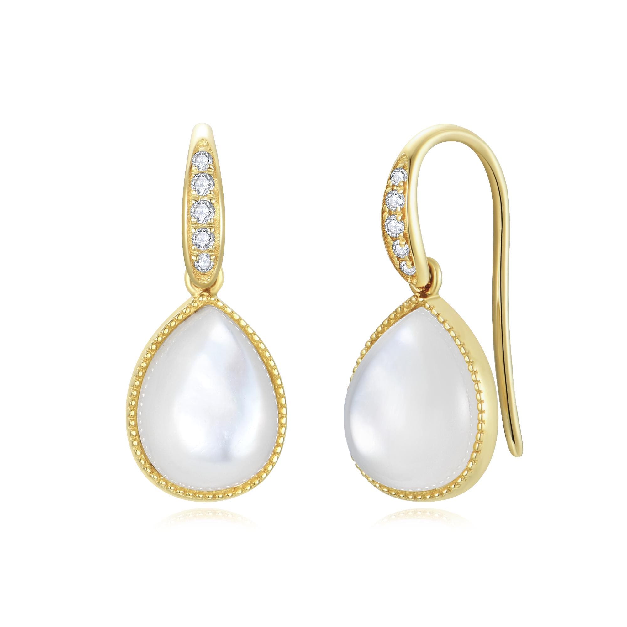 Aurora Pear Mother of Pearl Diamond Drop Earrings | Diamond Jewelry 14K Yellow Gold | Delicate Everyday Earrings | Simple Minimalist Design