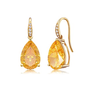 Elegant Pear Citrine Diamond Earrings | 14K Gold | Natural Yellow Citrine | Gifted Jewelry Her | Birthstone Earrings | Gems Customization