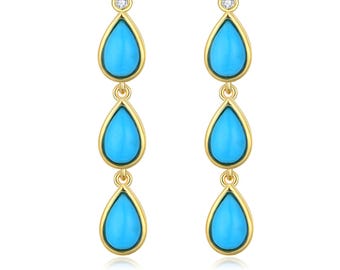 14K Gold Turquoise Diamond Drop Earrings: Natural Gemstone Jewelry