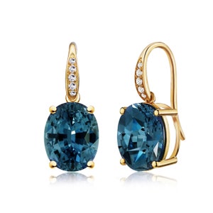 Natural Oval Topaz 14K Solid Gold London Blue Gemstone Diamond Radiant Drop Earrings | London Blue Topaz Diamond Dangle Earrings | Valentine