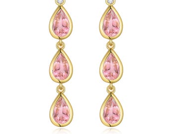 14K Gold Pink Tourmaline & Diamond Drop Earrings – Natural October Birthstone Jewelry, Gift for Her
