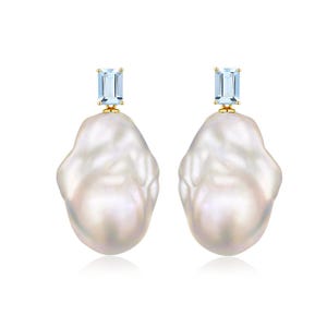 14K Gold Blue Aquamarine Gemstone Big Baroque Pearl Convertible Drop Earrings Northern Lights; Minimalistic Earrings; Wedding Pearl Drops