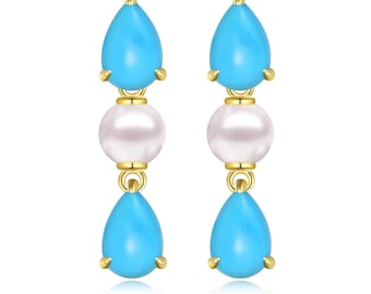 14 kt gouden Doornroosje turkoois en zoetwaterparel oorbellen – druppelvormige statement turquoise sieraden