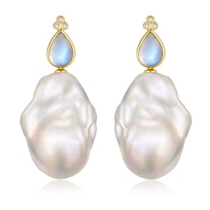 Ayla Pear-Shaped Moonstone Diamond Baroque Pearl Earrings in 14K Solid Gold | Dangle Pearl Earrings Gift | Fine Jewelry for Women