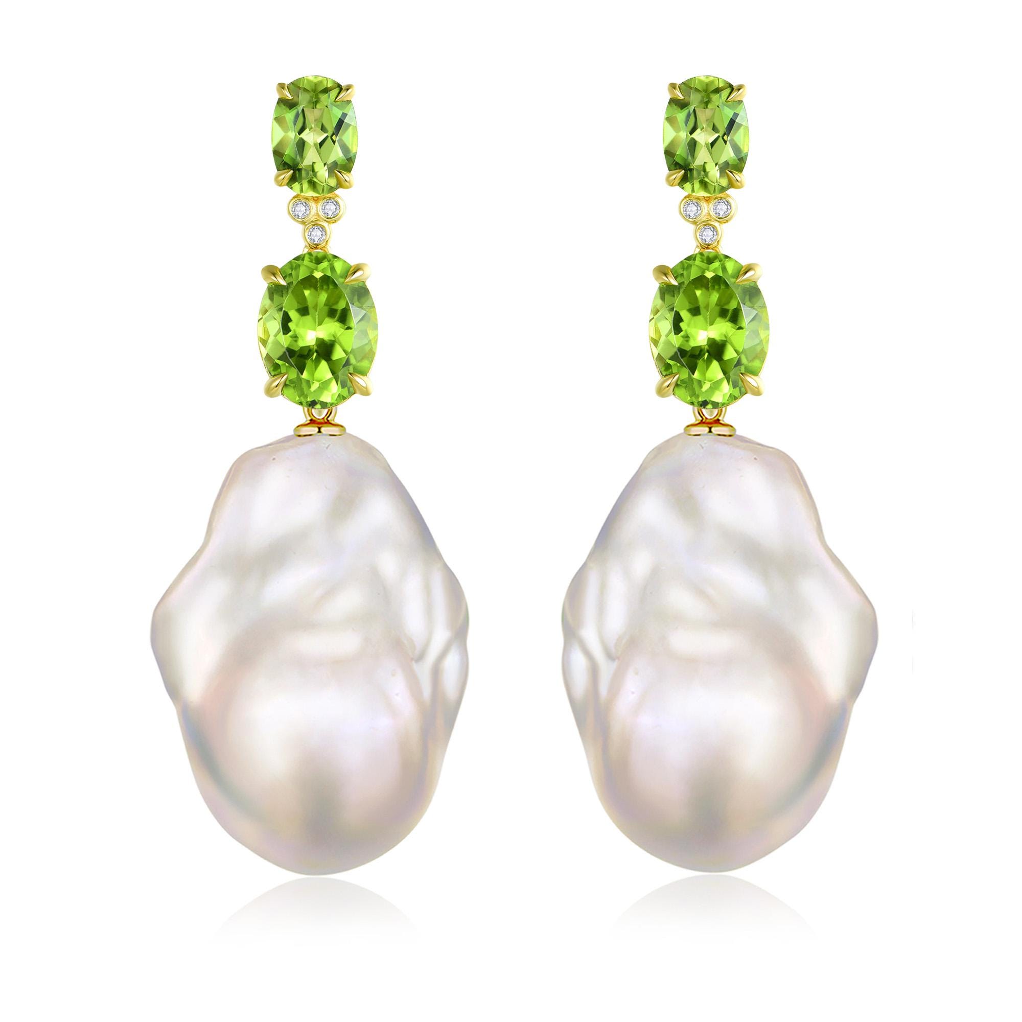 Orecchini In Oro Massiccio 14K Con Peridoto E Perle – Stile Maiorca, Huggie, Made In USA