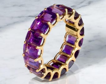 Eternity 14K Solid Gold Royal Purple Emerald-Cut Natural Amethyst Band | Wedding Engagement Gift | Elegant Women Ring