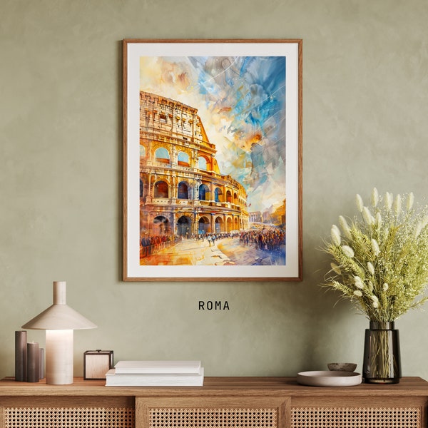 Eternal Beauty of Rome: Hand-painted Colosseum Watercolor Poster - Iconic Landmark of Italy - Capturing Italy's Grandeur