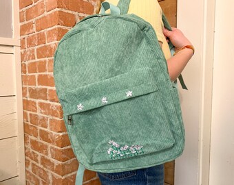 Corduroy Backpack with Mushroom Embroidery Medium