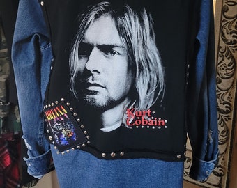 Upcycled Denim Jacket: Kurt Cobain Nirvana Patches, Studded Rhinestones, Woman's L