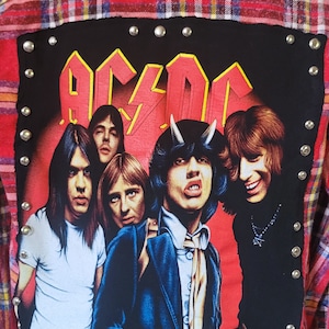 Upcycled Clothing Bleached Flannel Band Flannels ACDC Handmade One of a Kind Please note Price includes Stud Embellishments and Shipping