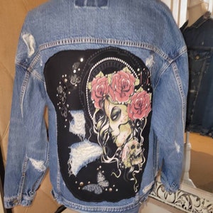 Super Distressed Upcycled Denim Jacket Re-styled Jacket with Assemblage Design Wearable Art One of a Kind Free Shipping