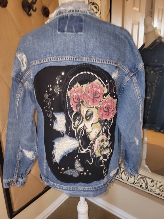 Distressed Denim Jacket: Upcycled Assemblage Art, Tattoo Patch