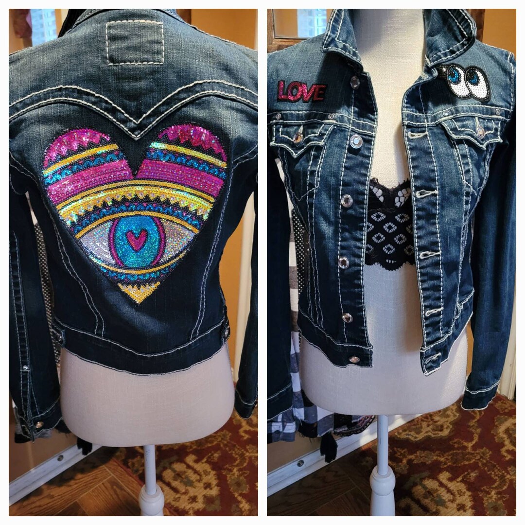 Upcycled Denim Jacket Embellished Jean Jackets One of a Kind Junior's