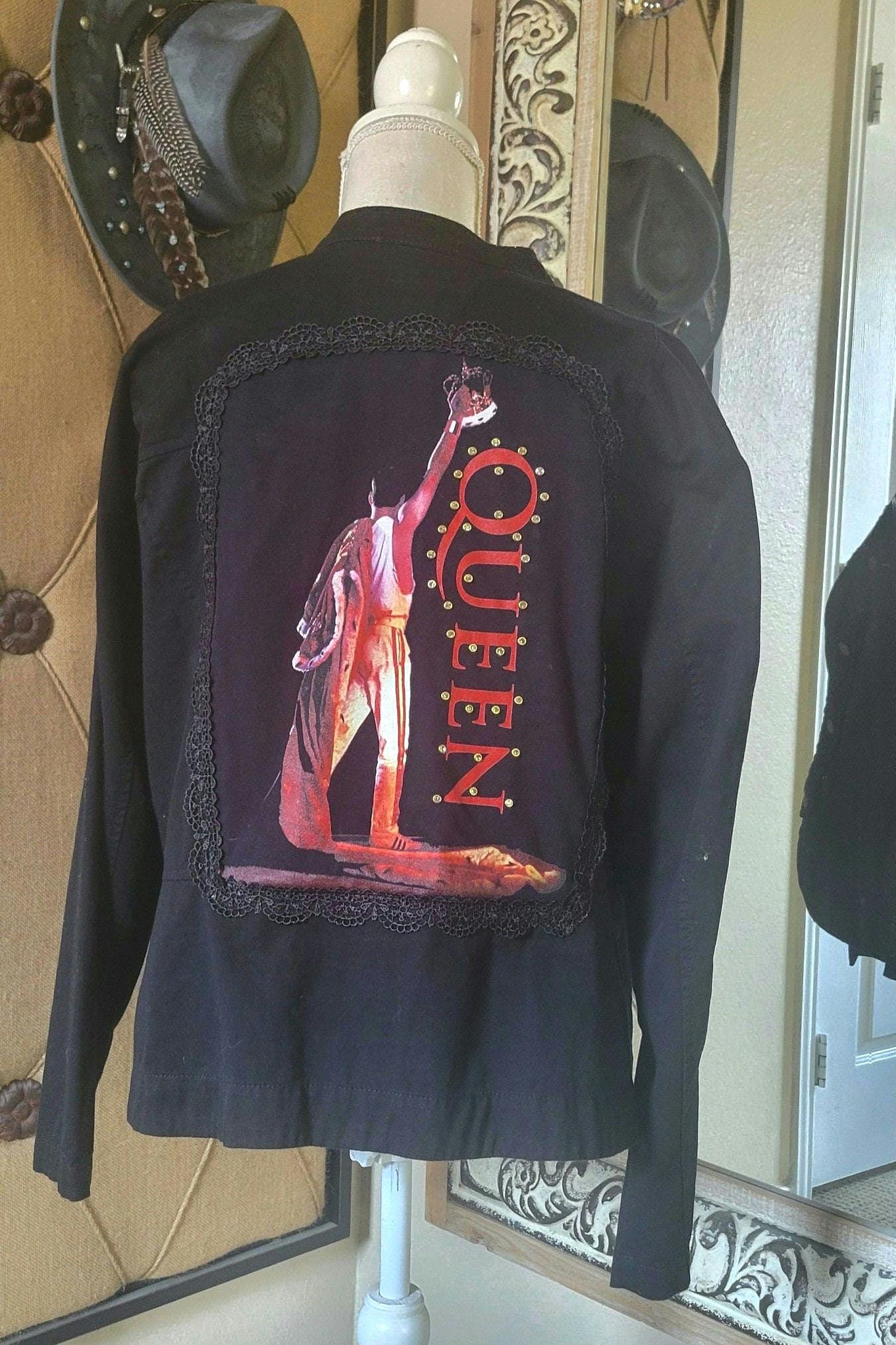 Upcycled black military style jacket with a Queen and Freddie Mercury Tshirt Design One of a Kind Handmade Wearable Art Includes Shipping