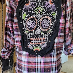 Upcycled Clothing Upcycled Bleached Band Flannel Sugar Skull Design One of a Kind Price Includes Stud Embellishments and Shipping