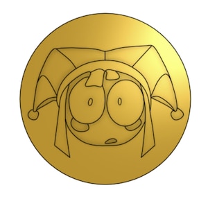 May include: A gold-colored, circular emblem featuring a cartoon jester's face. The jester has large, round eyes, a surprised expression, and a traditional hat with three points. The design is outlined in black.