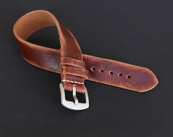 Handmade Distressed Leather Watch Strap: Brown Single Pass Band