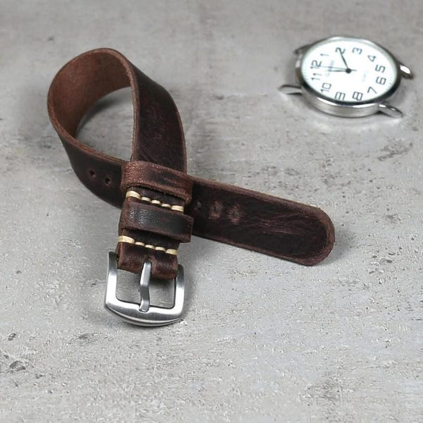 Distressed Leather Single Pass Watch Strap: Handmade Dark Brown Vintage Band (18–24mm)