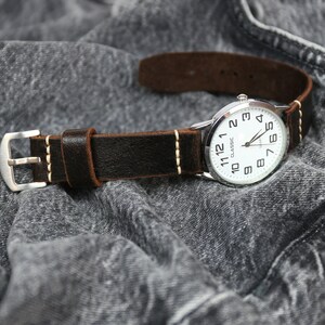 Dark Brown Leather Watch Band: Handmade Vintage Style Minimalist Strap 18-26mm