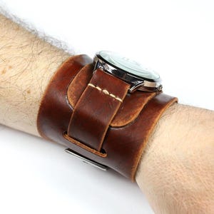 Wide Leather cuff watch strap for men 20mm 22mm 24mm Handmade steampunk strap Bund band, Distressed leather watch band, Brown Veg Tan Strap
