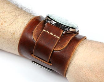 Wide Leather Cuff Watch Strap: Handmade Distressed Brown Veg Tan Bund Band