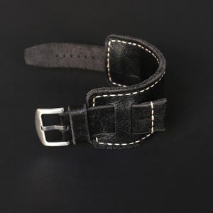 Handmade Black Leather Bund Watch Band: Distressed Military Cuff Strap