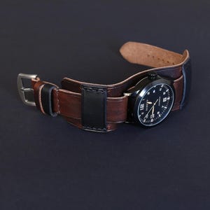 Handmade Dark Brown Leather Cuff Watch Band: Aviator Bund Strap