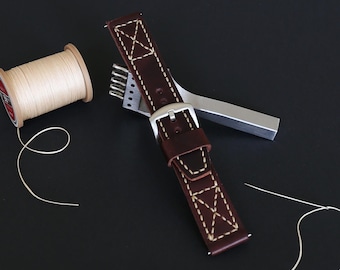 Handmade Dark Brown Leather Watch Band: Full Grain Stitched Strap 20-26mm
