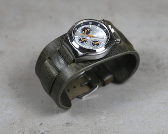 Gray Leather Cuff Watch Band, Handmade Bund Strap Vintage Aviator Style (18–24mm)