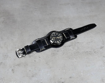 Black Leather Bund Watch Band: Handmade Aviator Vintage Style Cuff