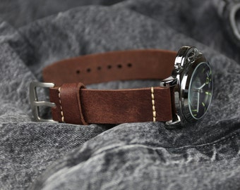 Cinturino per orologio in pelle marrone fatto a mano: cinturino in due pezzi da 18 mm a 26 mm, conciato al vegetale in pelle Pueblo italiana.