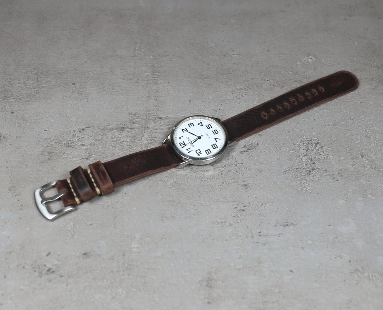 Distressed Leather Single Pass Watch Strap: Handmade Dark 