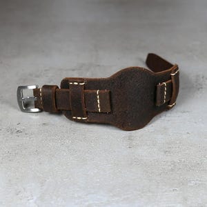 Dark Brown Leather Bund Watch Strap: Handmade Military Aviator Cuff