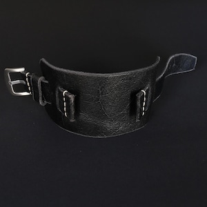 Black leather watch strap, Leather wide watch band, Handmade watch cuff band, 18mm 20mm 22mm 24mmm Bund band men