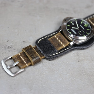 Handmade Brown Leather Bund Watch Strap: Military Aviator Style with Black Cuff