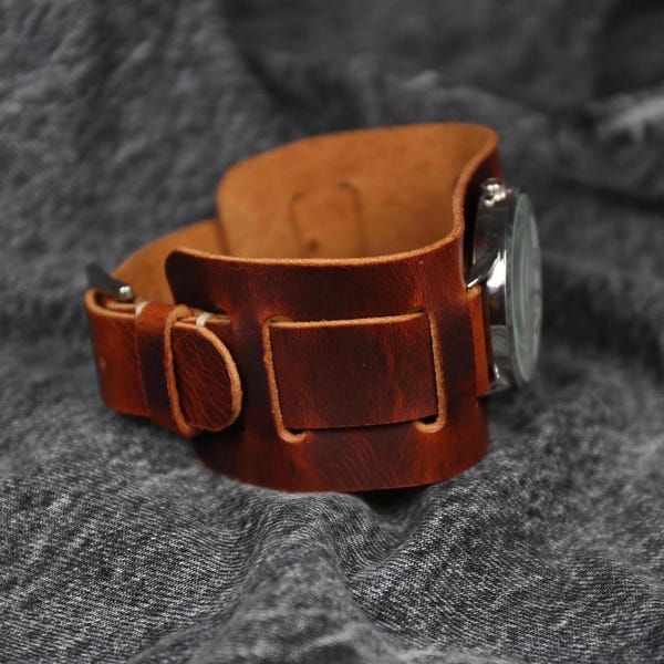 Handmade Brown Leather Cuff Watch Band: Badalassi Aviator Strap