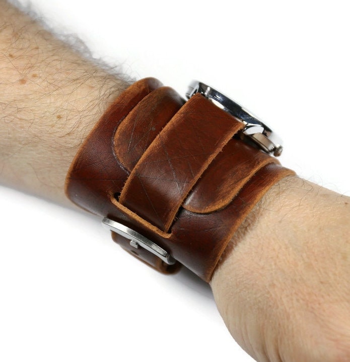 Distressed Brown Leather Cuff Watch Band: Handmade Aviator Style (18mm-24mm)