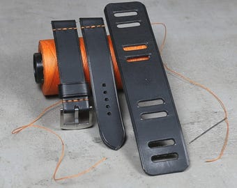 Black Leather Cuff Watch Band, Aviator Style Handmade Bund Strap, Full Grain Badalassi