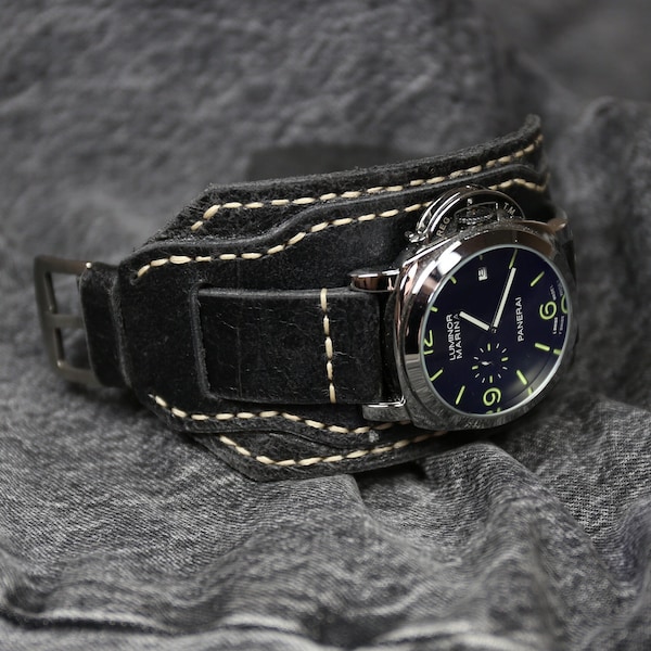 Black Bund strap Leather watch band Aviator 18-24mm Leather cuff watch strap Custom Handmade watch band Stitched