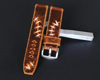 Handmade Distressed Leather Watch Strap: Vintage Style Brown Band 20-26mm