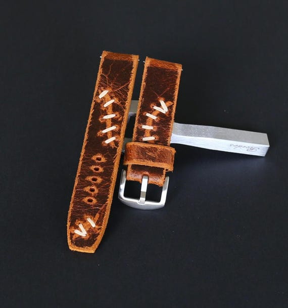 Handmade Distressed Leather Watch Strap: Vintage Style Brown Band 20-26mm