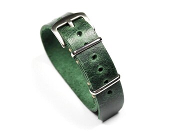 Handmade Green Leather Watch Band: Military Single Pass Strap
