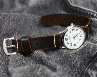 Leather watch strap Dark brown full grain leather wrist watch band men, 18mm 20mm 22mm 24mm 26mm Two piece watch strap soft supple Handmade