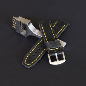 Handmade Black Leather Watch Strap: Vintage Style with Yellow Stitching