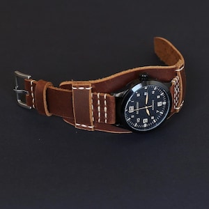 Handmade Brown Leather Cuff Watch Band: Vintage Bund Strap 18mm-24mm