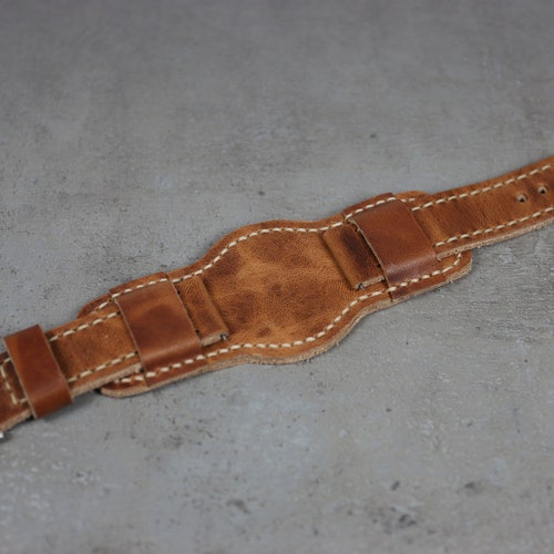 Bund shops strap Horween leather watch band, Brown leather cuff watch strap 18mm 20mm 22mm 24mm Handmade leather bund watch band